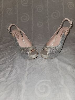 Bella Luna Silver Rhinestone Open-Toe Slingback Heels